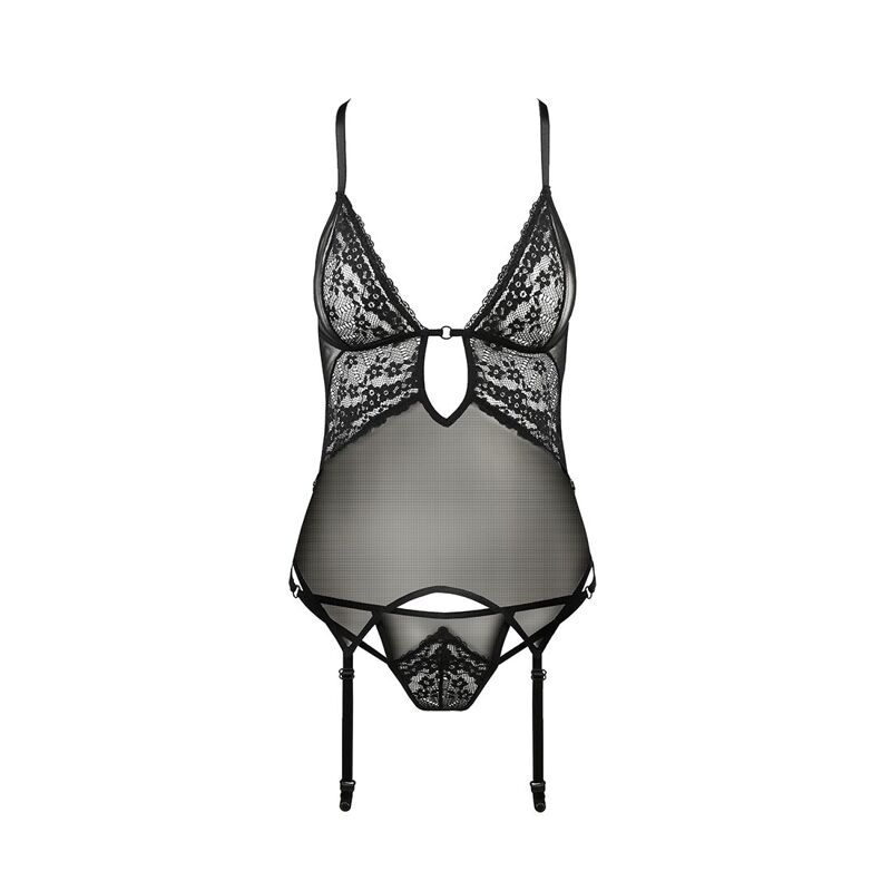 Корсет с декольте Passion ERZA CORSET S/M, black, пажи, трусики, полупрозрачный