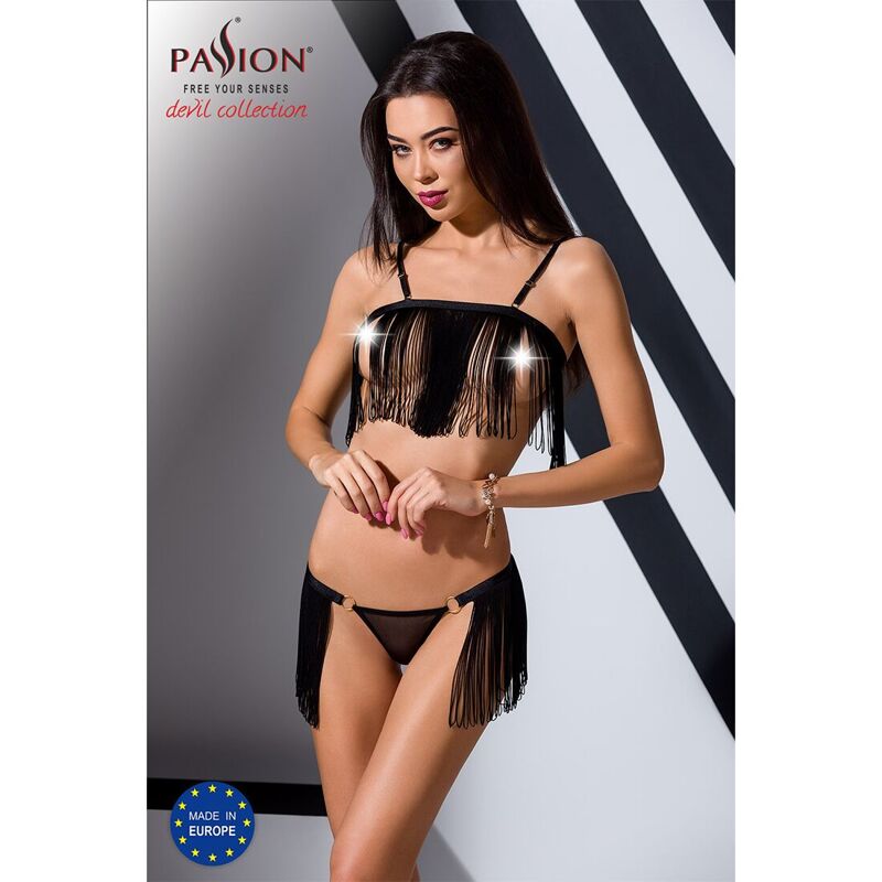 Комплект белья Passion Exclusive KASSANDRA SET OpenBra S/M, black, лиф из бахромы, трусики-юбка
