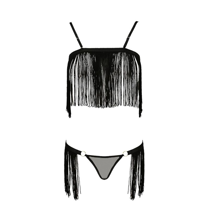 Комплект белья Passion Exclusive KASSANDRA SET OpenBra 2XL/3XL, black, лиф из бахромы, трусики-юбка