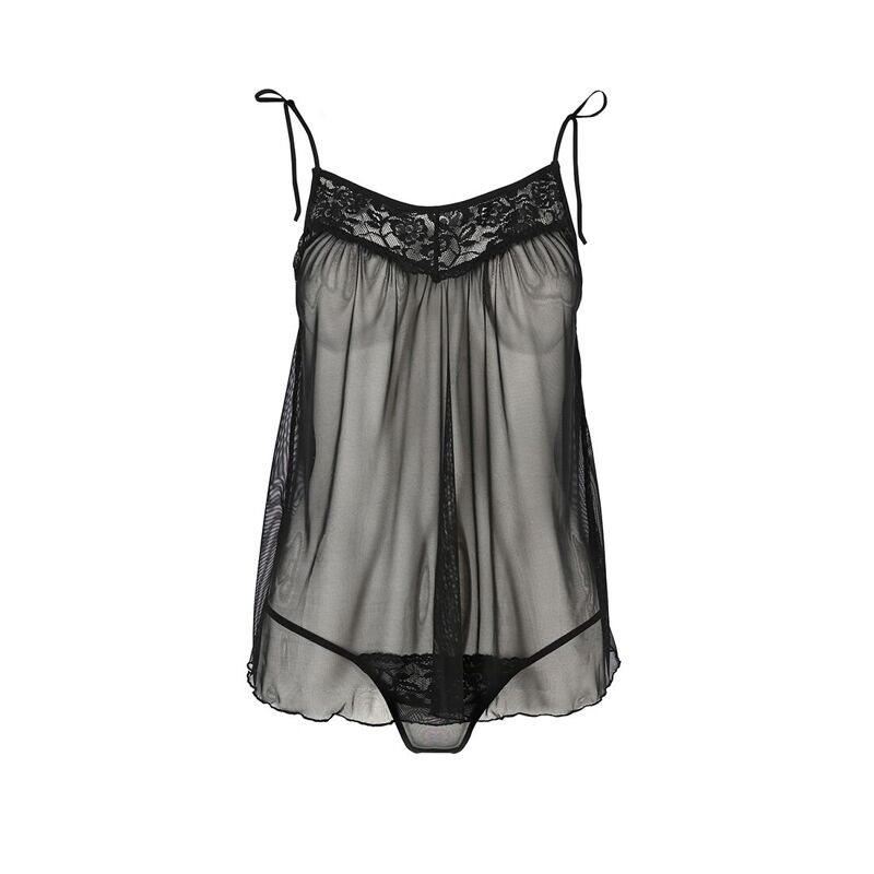 Сорочка прозрачная беби долл Passion MELANIA CHEMISE L/XL, black, трусики, на тонких бретелях