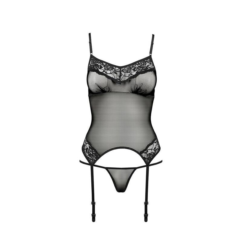 Корсет с пажами Passion MELANIA CORSET L/XL, black, трусики, полупрозрачный