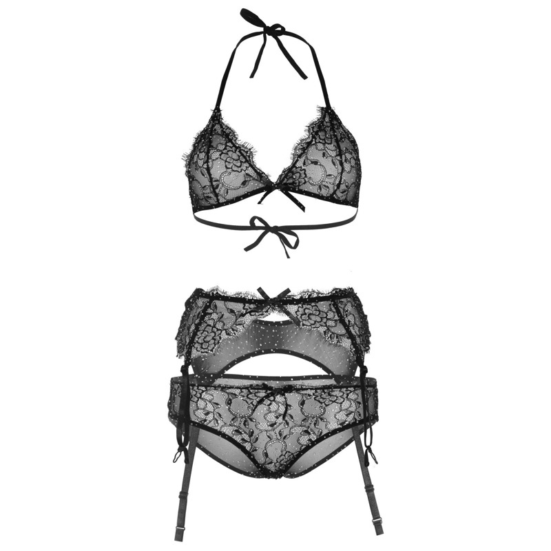 Кружевной комплект со стразами Leg Avenue Bright Lights Rhinestone L (трусики, бра, пояс для чулок)