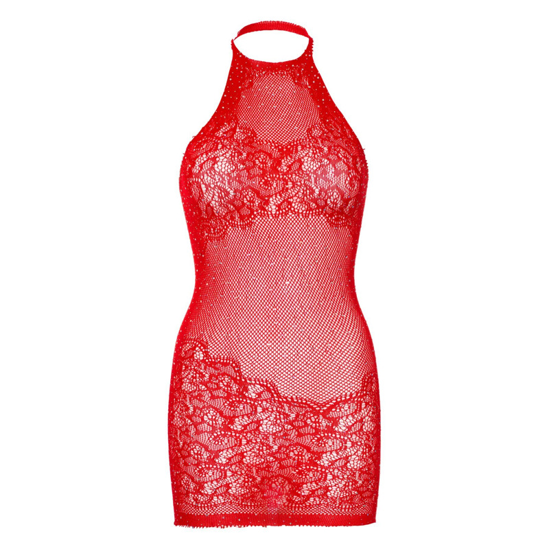 Платье-сетка со стразами Leg Avenue Rhinestone halter mini dress Red, открытая спина, one size