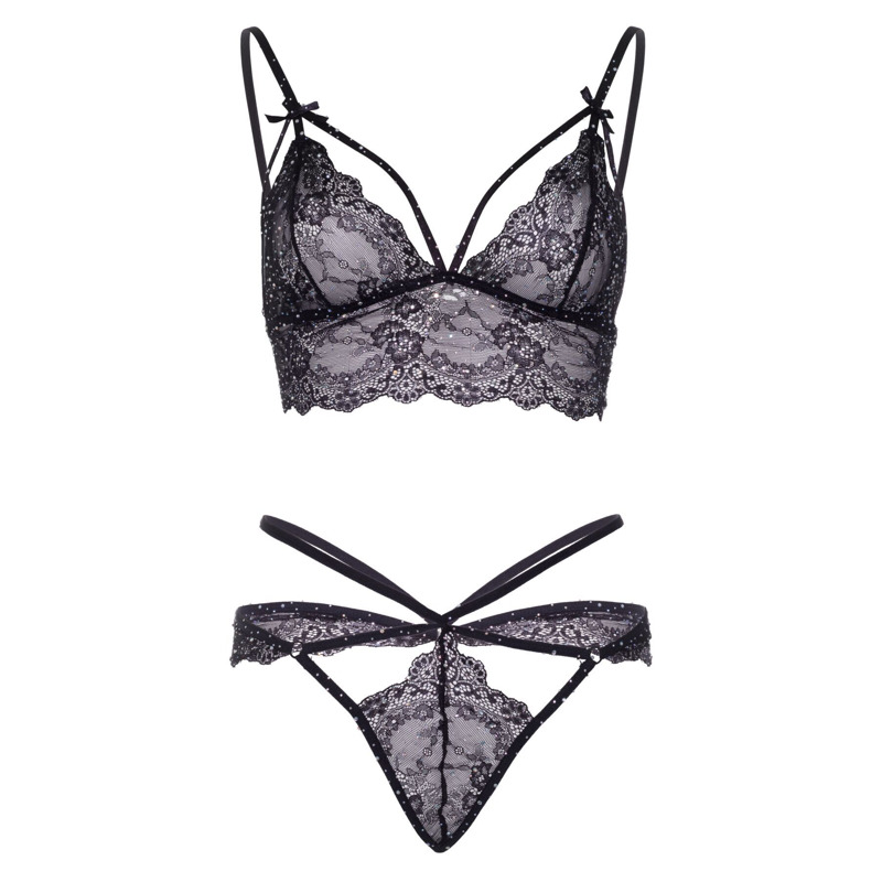Эротический комплект со стрепами и стразами Leg Avenue Ready Or Not S Black, бра + стринги