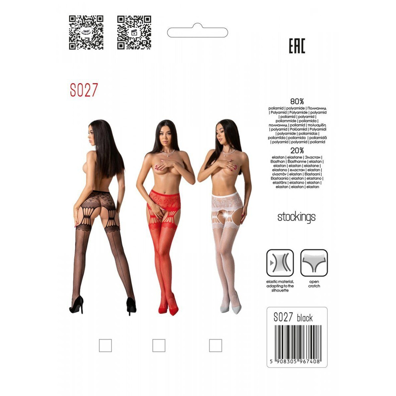 Эротические колготки-бодистокинг с ажурным поясом Passion S027 One Size, black, открытый доступ