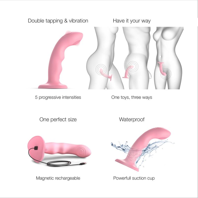 Насадка для страпона с двойной точечной пульсацией Strap-On-Me TAPPING DILDO WAVE – CORAL PINK, М