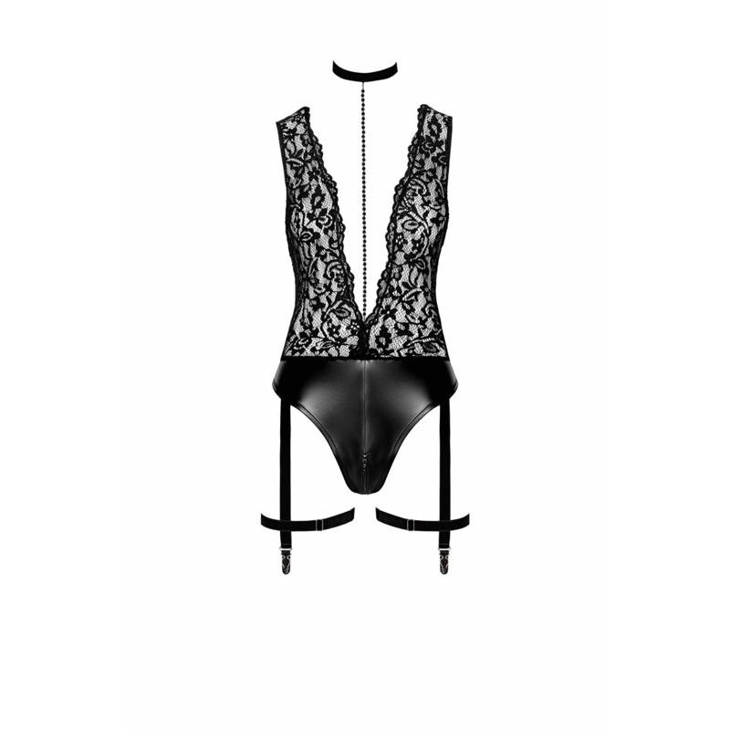 Боди Noir Handmade F297 Libido Deep-V bodysuit with collar, pearl chain and garter - XXL