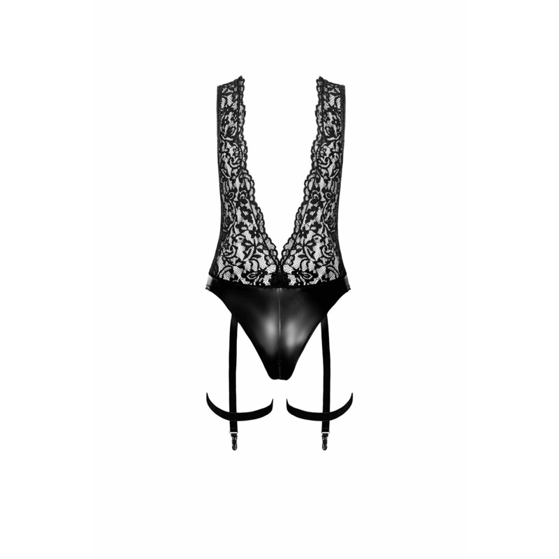 Боди Noir Handmade F297 Libido Deep-V bodysuit with collar, pearl chain and garter - 3XL