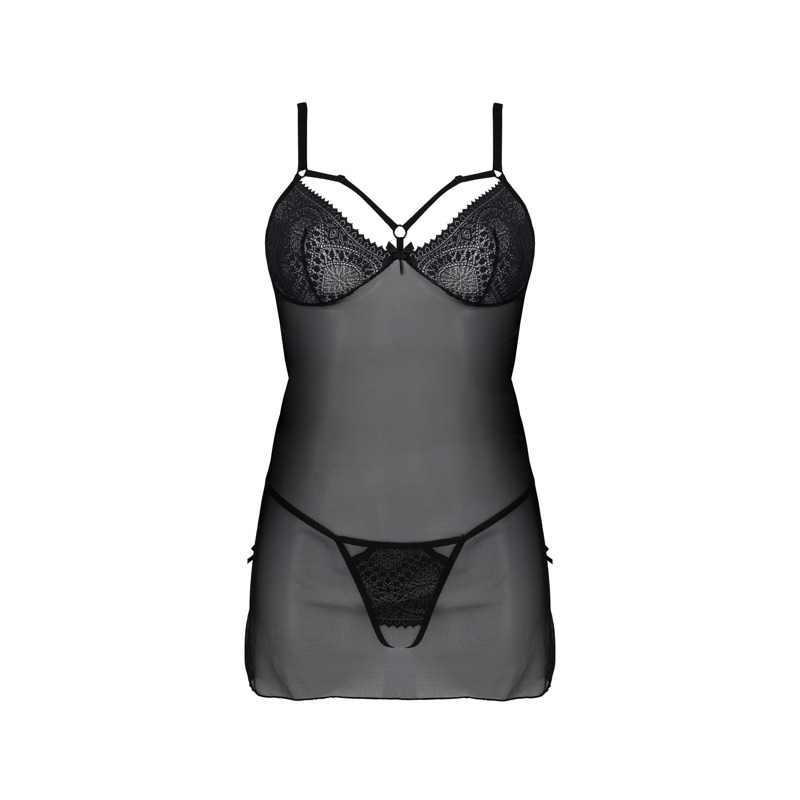 Пеньюар Passion DROSERA CHEMISE black, L/XL, кружевной лиф со стрепами, трусики в комплекте