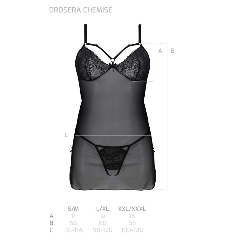 Пеньюар Passion DROSERA CHEMISE black, S/M, кружевной лиф со стрепами, трусики в комплекте
