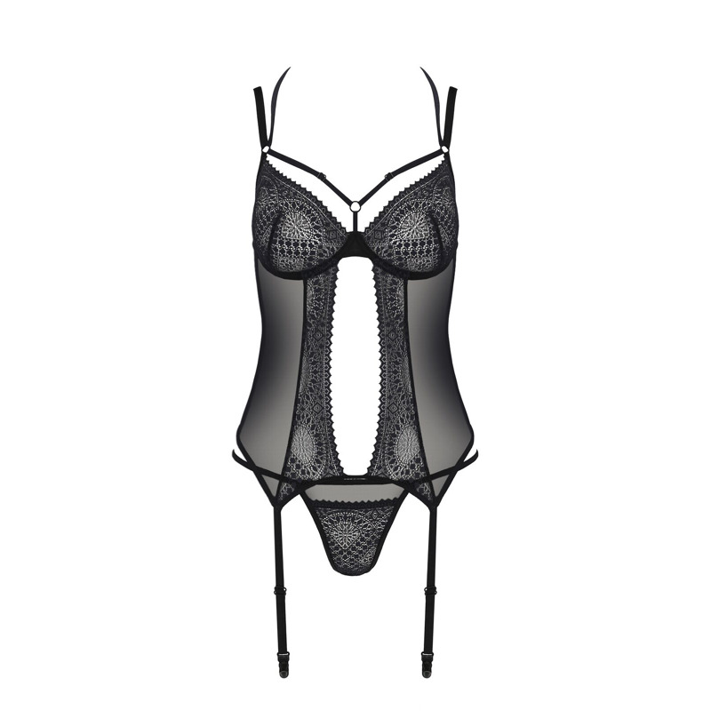 Корсет Passion DROSERA CORSET black, L/XL, с креплениями для чулок, трусики в комплекте