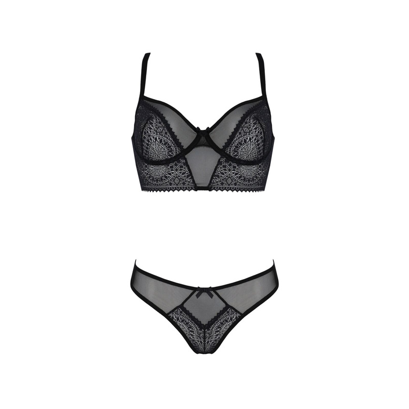 Комплект Passion DROSERA SET black S/M, сетка+кружево, бюстье и трусики танга