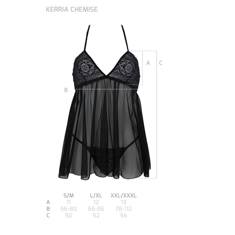 Пеньюар Passion KERRIA CHEMISE black, L/XL, кружевной верх, трусики в комплекте