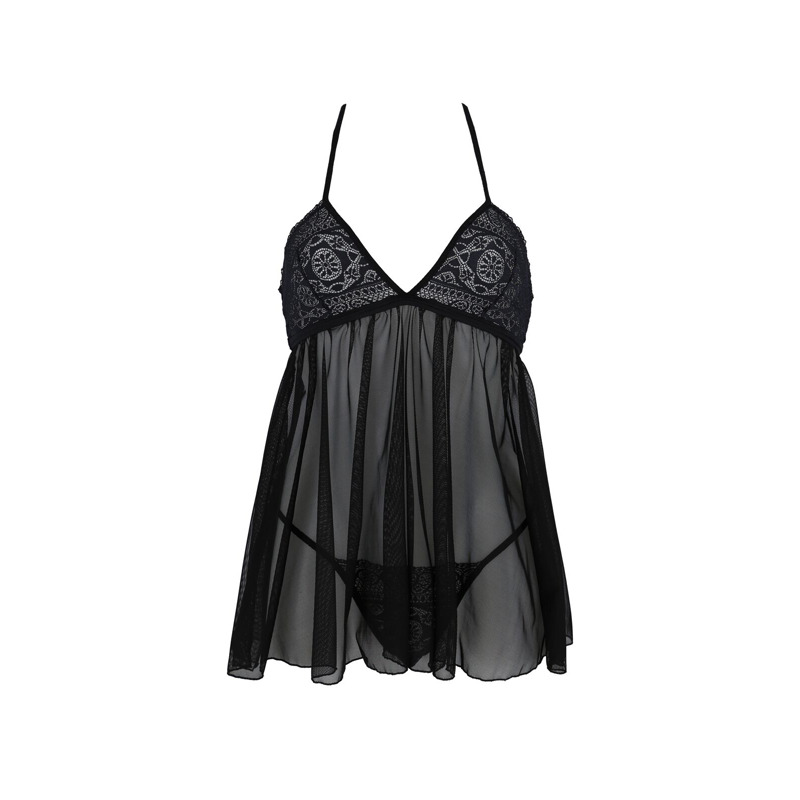 Пеньюар Passion KERRIA CHEMISE black, S/M, кружевной верх, трусики в комплекте