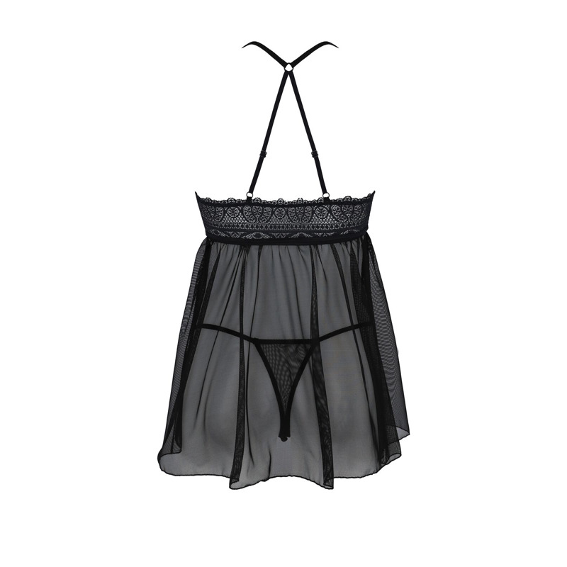 Пеньюар Passion KERRIA CHEMISE black, S/M, кружевной верх, трусики в комплекте