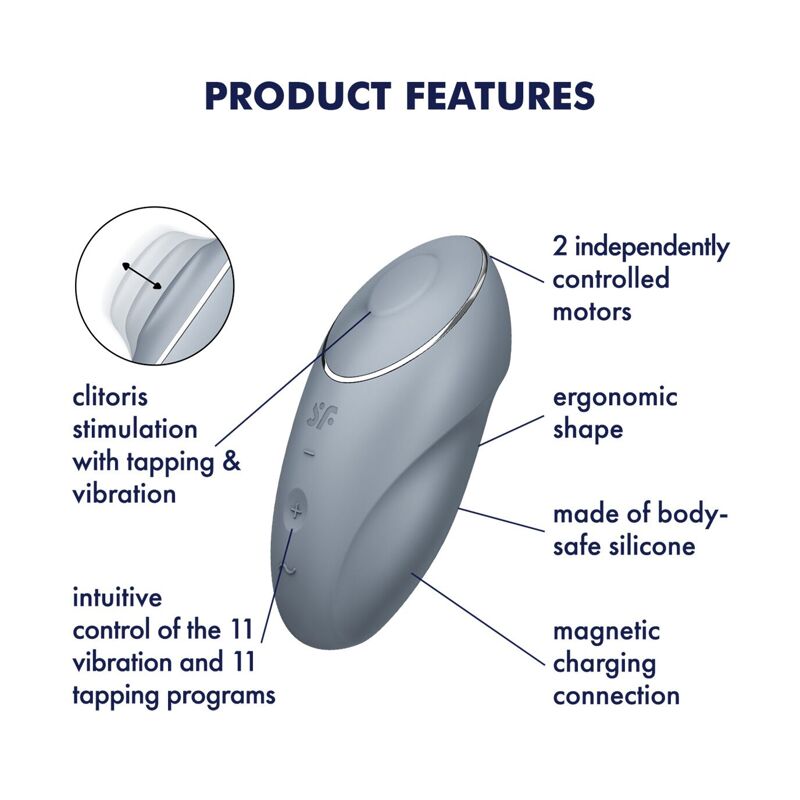 Вибростимулятор-пульсатор Satisfyer Tap & Climax 1 Bluegrey, эффект постукивания пальцем, 2 мотора