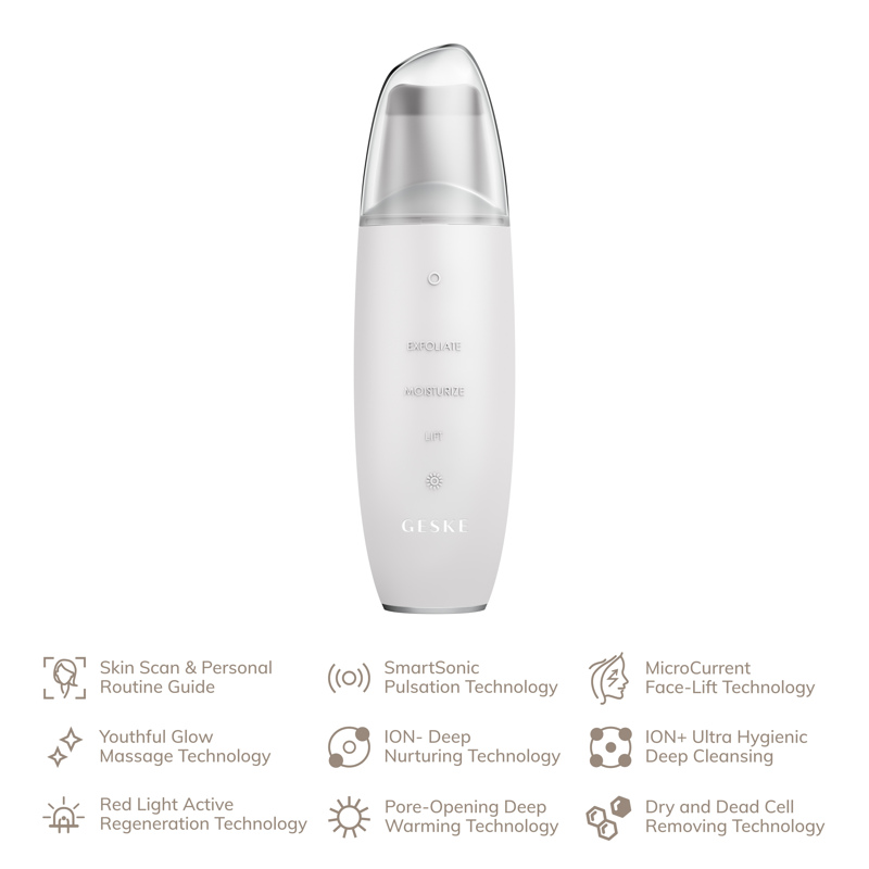 Микротоковый скрабер для кожи и устранения черных точек GESKE MicroCurrent Skin Scrubber&Blackhead Remover 9в1 white
