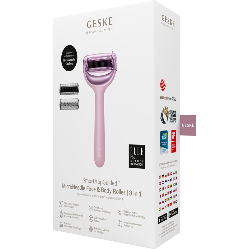 Электронный роллер для лица и тела с микроиглами GESKE MicroNeedle Face&Body Roller 8в1 pink
