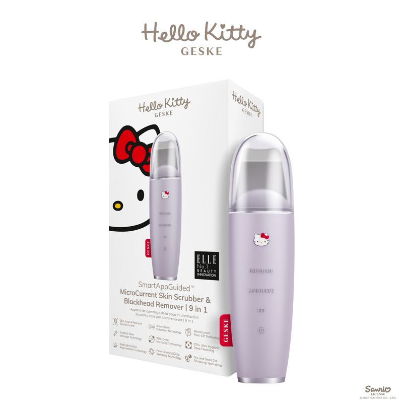 Микротоковый скрабер для кожи и устранения черных точек GESKE MicroCurrent Skin Scrubber & Blackhead Remover 9 в 1 Hello Kitty фиолетовый