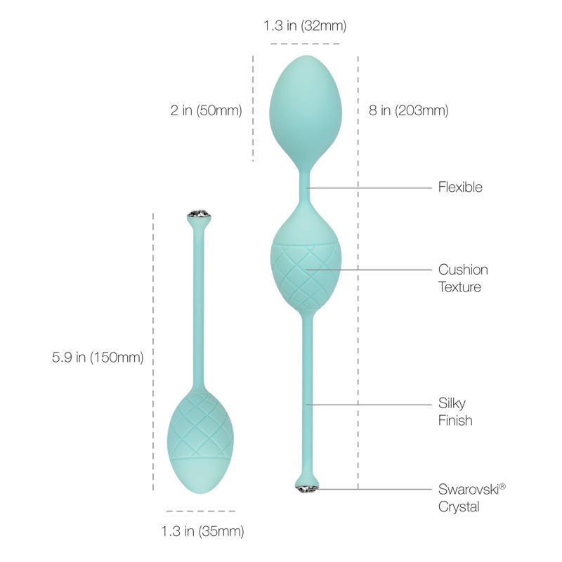 Роскошные вагинальные шарики PILLOW TALK - Frisky Teal с кристаллом, диаметр 3,2см, вес 49-75гр