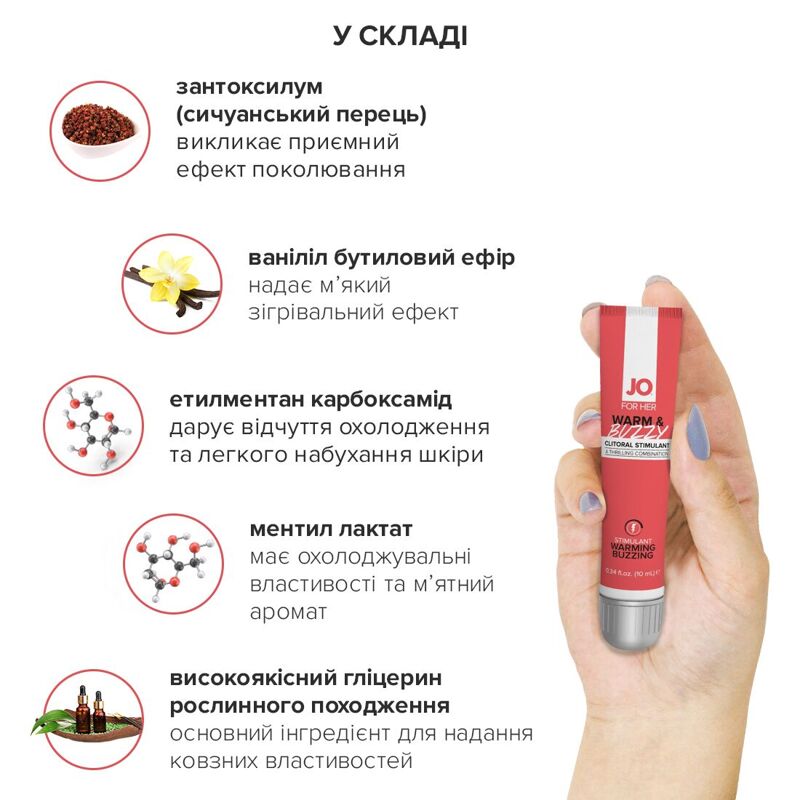 Возбуждающий гель для клитора JO WARM & BUZZY (10 мл) с эффектом жидкого вибратора