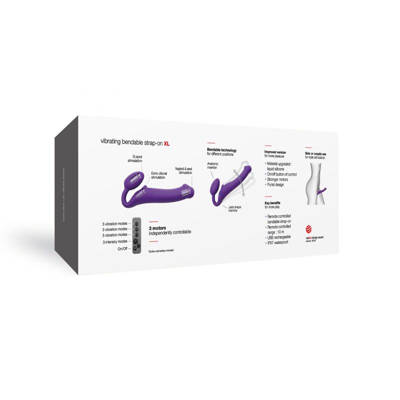 Безремневой страпон с вибрацией Strap-On-Me Vibrating Violet XL, диам. 4,5см, пульт ДУ, регулируемый